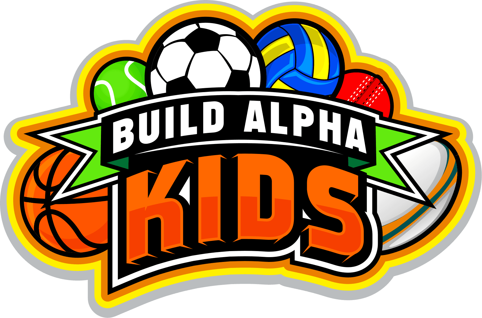 Build Alpha Kids club crest — fanned sports balls behind the club banner